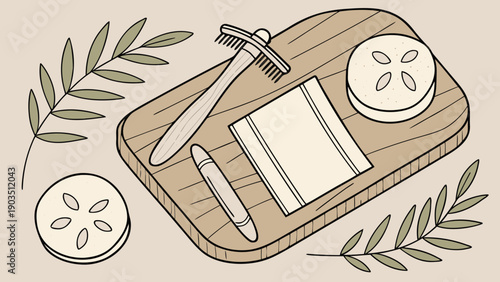 Illustration of a wooden tray with citrus fruits and personal care items on a simple background from a top view