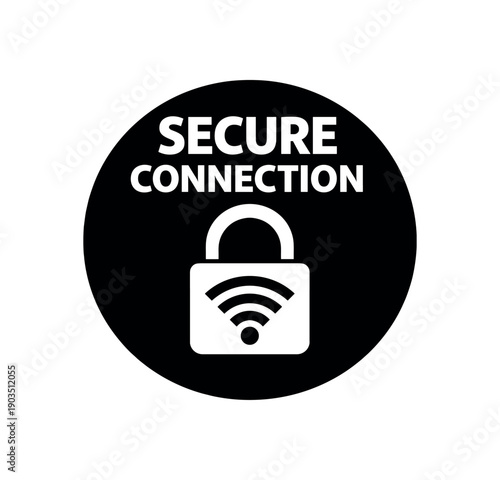 Flat vector badge SECURE CONNECTION simple white padlock with Wi Fi symbol