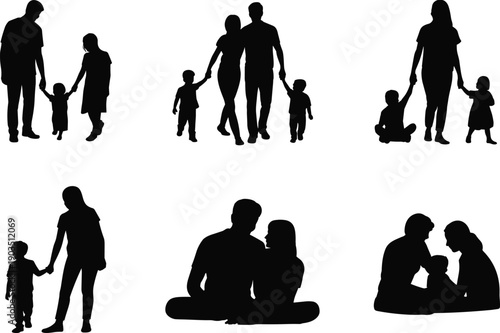 Family silhouettes, parents and children bonding, happy family life concept, love, care, parenting, togetherness, isolated black figures