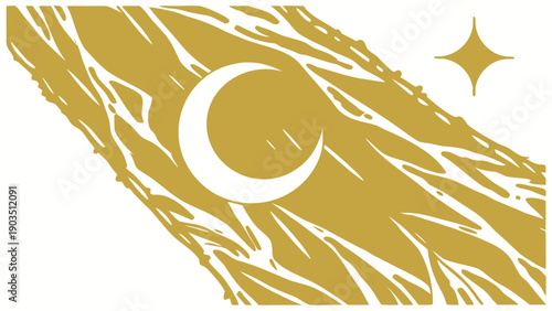 Golden Crescent Moon and Star on White Background with Abstract Texture