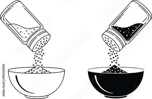 Salt and Pepper Shaker Illustration, Seasoning Being Sprinkled into Bowl, Cooking Ingredient Concept, Kitchen Spice Usage, Black and White Vector Line Art