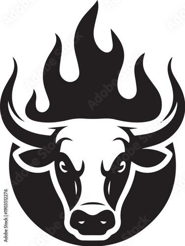 Flaming bull face icon, minimalist black and white predatory mascot.