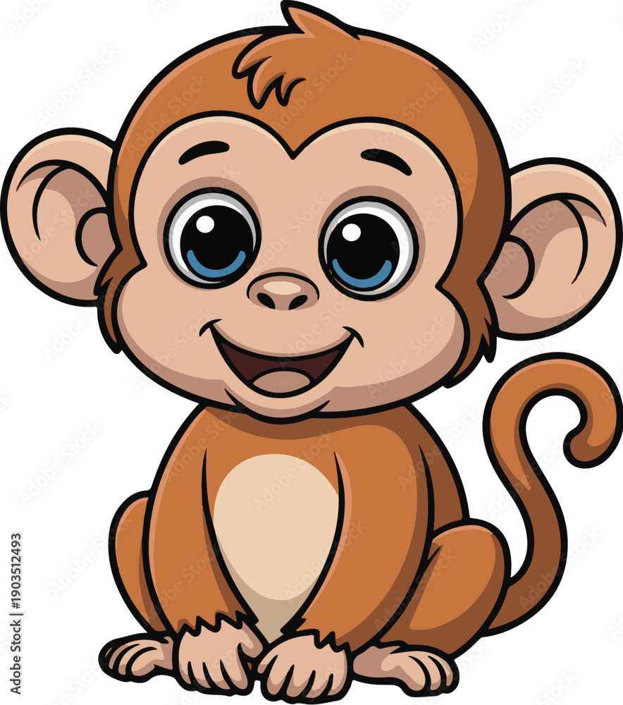 Fototapeta premium Cute baby monkey cartoon character sitting and smiling.