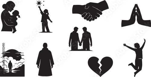 Silhouette icons of relationships and human connections in black