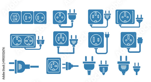 International power plug and socket icon set flat blue vector