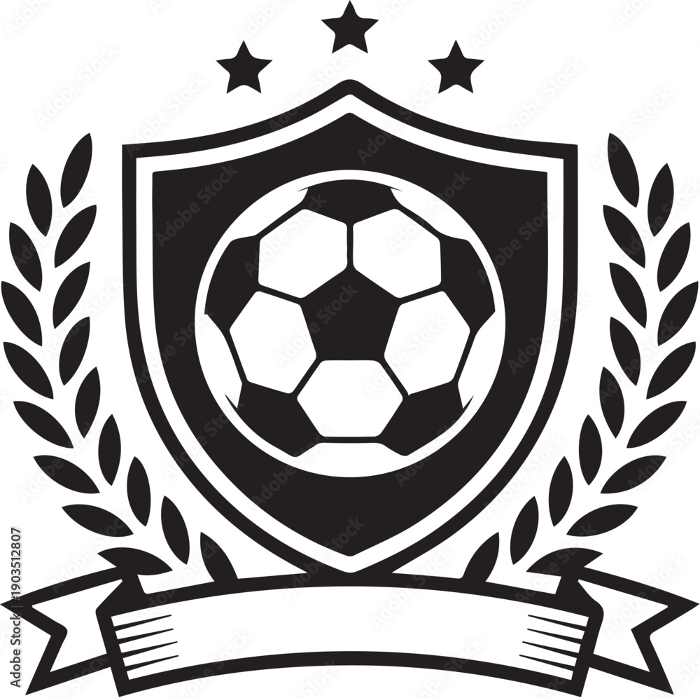 Fototapeta premium Soccer football crest with shield, laurel wreath, and stars silhouette.