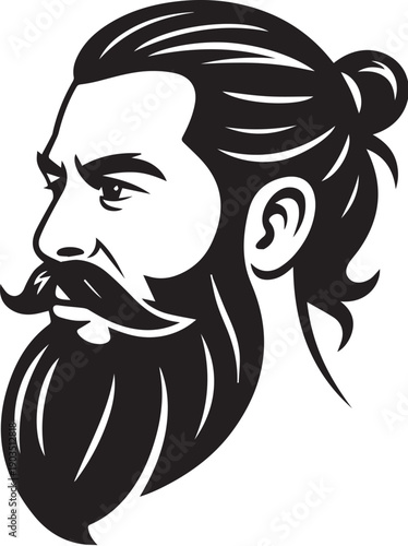 Hipster male profile with long beard and hair bun illustration.