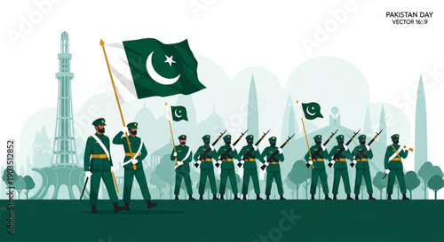 Pakistan day celebration with soldiers marching with flags and guns in green uniforms
