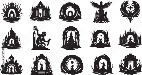Collection of Gothic Silhouette Icons and Logos on White