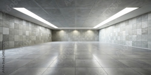 Empty Modern Room with Gray Tile Floor and Walls, Recessed Lighting, and Clean Minimalist Design