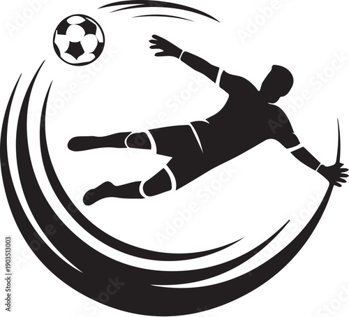 Dynamic soccer goalkeeper jumping for a ball in circle frame