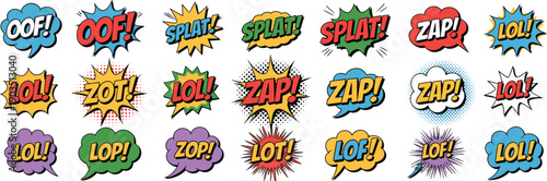 Comic sound effect bubble set, colorful pop art text zap lol splat oof zot, cartoon style explosion word collection