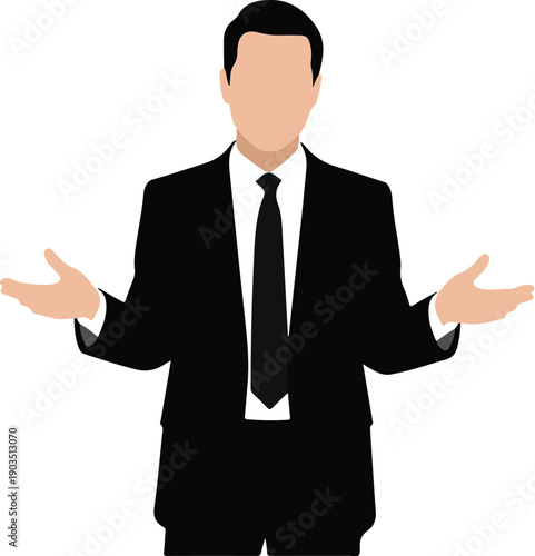 Businessman in suit with open arms gesturing uncertainty or welcoming