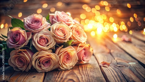 A Delicate Bouquet of Peach Roses Resting on Rustic Wooden Planks with a Warm Golden Light Background