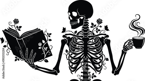 Skeleton Holding Book and Coffee Cup Silhouette | Gothic Reading Vector Design