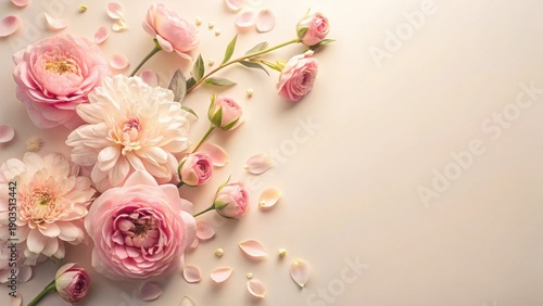 A Delicate Arrangement of Pastel Pink Blossoms and Petals on a Soft Cream Background