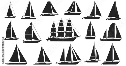 Collection of ship silhouettes, showcasing sailing boats, cargo ships, patrol vessels, and fishing boats designed as clean vector icons for maritime and nautical projects.