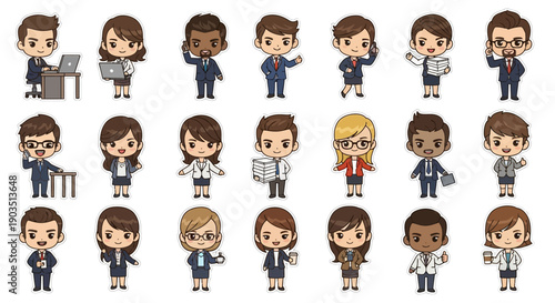 Diverse business professionals in various poses and attire, showcasing different professions and work styles in a modern office environment from a frontal viewpoint.