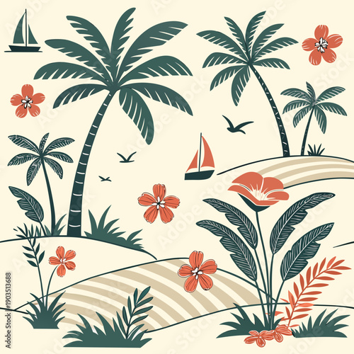 Tropical Island Paradise Palm Trees Sailboats and Flowers Vintage Pattern Design