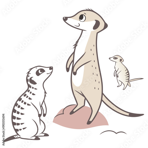 Cute Cartoon Meerkats Standing Guard in Desert, Wildlife Cartoon Art
