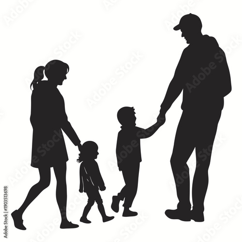 Family Silhouette: Parents Holding Hands with Children Walking Together