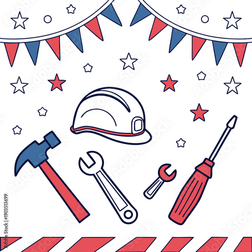 Construction Tools & Festive Bunting with Stars - Labor Day or Holiday Theme