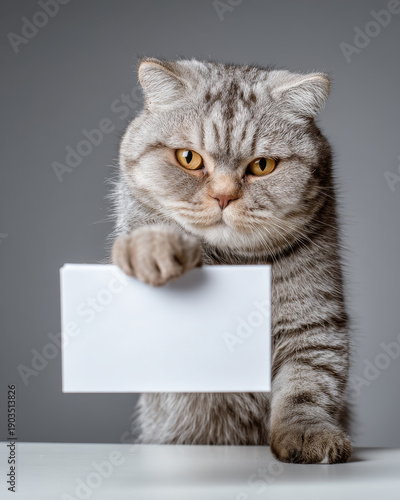 Gray tabby cat with unimpressed expression holds blank white card while sitting on table, against neutral background