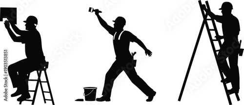 Silhouette construction workers performing various tasks, painting walls, climbing ladders, repairing structures, building maintenance, home improvement, teamwork in progress