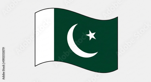 Waving pakistan flag with crescent moon and star symbol on green and white background