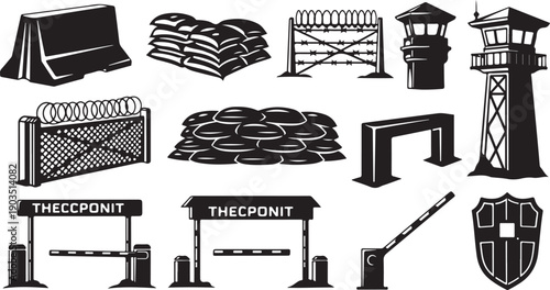 Prison Security Icons and Barriers on White Background Illustration
