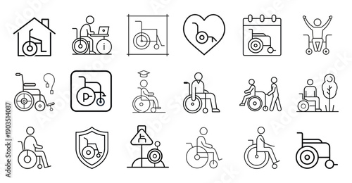Wheelchair and disability access outline icon set, handicapped person mobility symbol, medical rehabilitation and accessibility vector illustration with editable stroke.