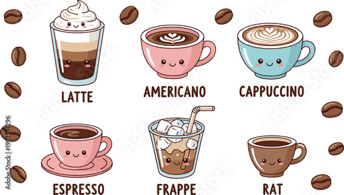 Cute coffee illustration set with smiling latte americano cappuccino espresso frappe and cup characters in kawaii flat cartoon style for cafe and food designs