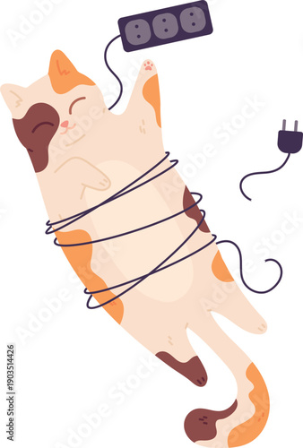 Cat play with wires. Power cable damage icon