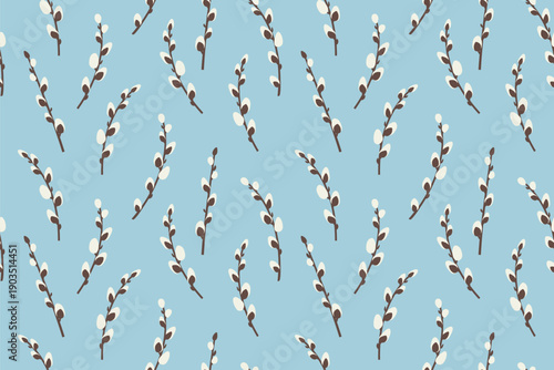 pussy willow twigs seamless pattern, spring botanical background inspired by Easter and natural branches- vector illustration