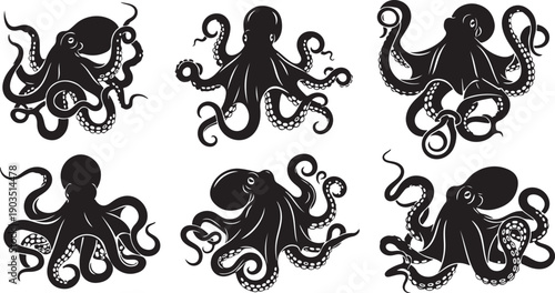 Collection of black octopus silhouettes on white background illustration