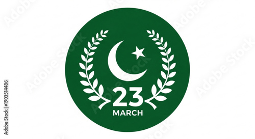 Pakistan republic day logo with crescent moon star and laurel wreath on green background