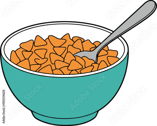 Colorful bowl of cereal with spoon, breakfast illustration, healthy snack, triangle cereal pieces, isolated food vector, cartoon breakfast concept