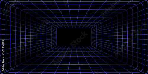 Futuristic 3D grid tunnel with dark blue lines on a black background, creating a deep, immersive perspective effect ideal for sci-fi, tech, or retro designs.