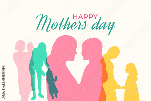 Happy Mother's Day concept vector illustration. Mother holding children in her arms. Silhouette design.