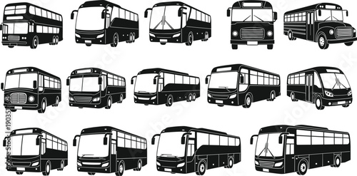 Bus silhouette icon set, school city double-decker coach illustration, transportation vehicle graphic pack, black and white design artwork