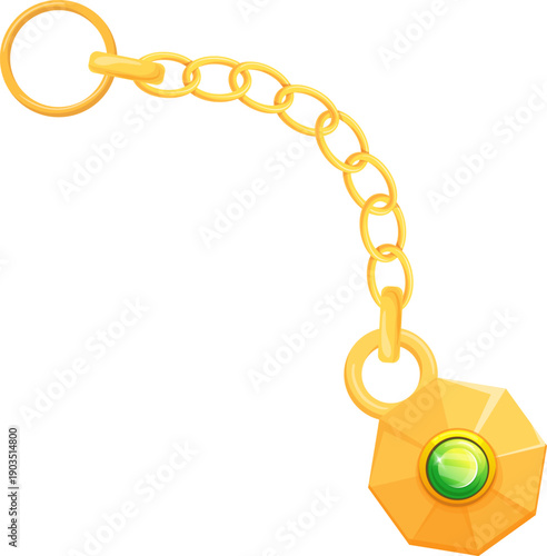 Decorative trinket with green gem. Golden accessory icon