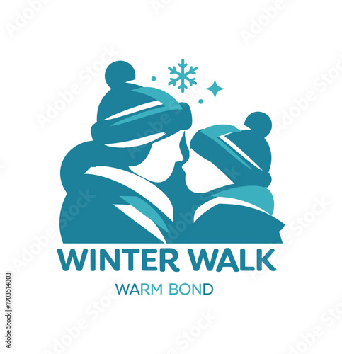 Single flat vector icon of mom and child winter walk: rounded mother and child silhouettes wearing soft hats tiny snowflake cutout above two small sparkle dots stylish modern cutout look