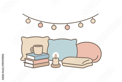 minimal stock vector icon flat clipart muted pastel colors low saturation low contrast simple geometric shapes clean edges consistent proportions minimal facial features cozy reading nook