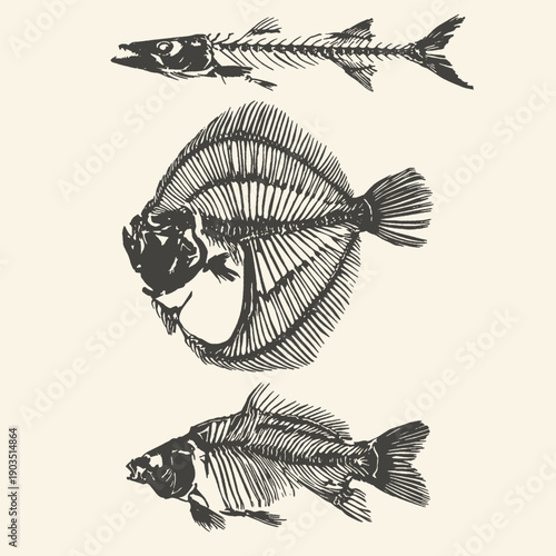 Vintage Style Black and White Fish Skeleton Anatomy Illustration Showcasing Marine Life Biology and Diverse Aquatic Species for Educational and Design Projects