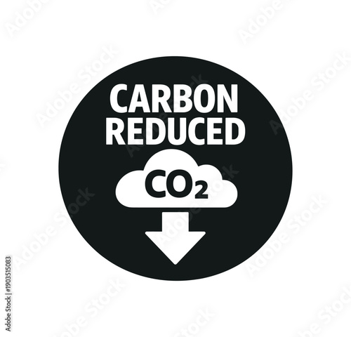 Flat vector badge CARBON REDUCED simple white CO2 cloud with down arrow