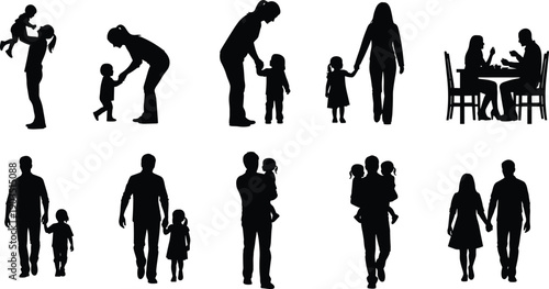 Adult and child silhouette set, family interaction icons, care and companionship illustration, parenting graphic pack, communication and bonding design
