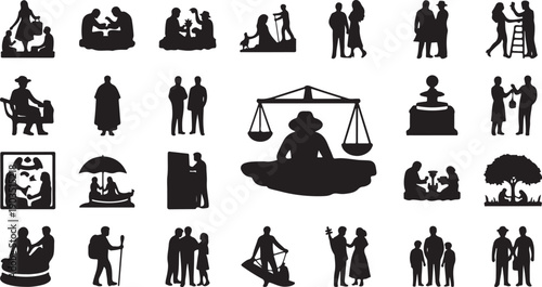 Black silhouettes of people in various scenes and activities