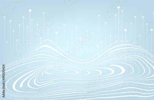 Vector illustration of futuristic digital technology background with glowing dots floating on digital landscape and wave wireframe above for game graphic and advertising artwork.Business. Not ai