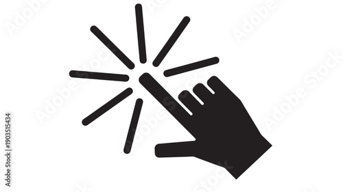Hand pointer click icon with tapping finger and radiating lines, black silhouette UI symbol for touchscreen interaction, button press, cursor action isolated