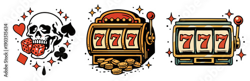 Lucky 777 Slot Machine and Casino Win Icons Illustration Set